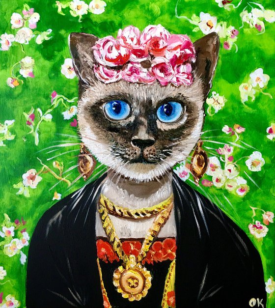 Siamese cat Frida Kahlo inspired by her self-portrait  with pink roses .