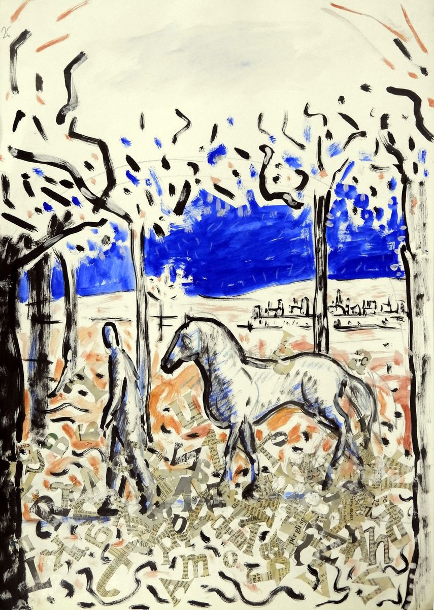 Surrealistic Animal Painting By Paolo Beneforti, 14 X 20", On The Letters Grass, Original Artwork