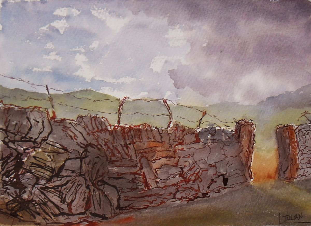 Dry Stone and slate walls - Snowdonia North Wales - An original ink and watercolour painti... by Julian Lovegrove Art