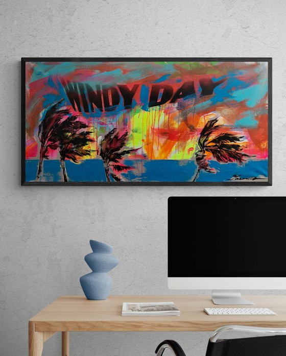 Expressionist bright painting - "WINDY DAY" - Pop Art - Palms and Sea - Night seascape - Sun - Orange Sunset