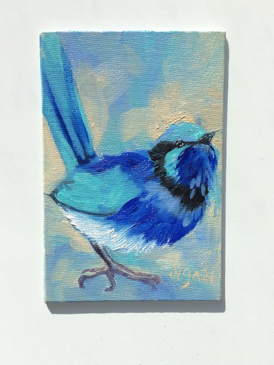 Blue bird n3, miniature original oil painting.