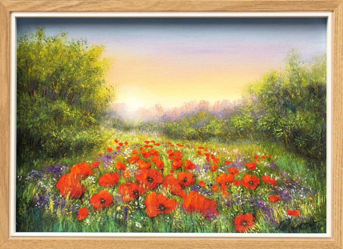 Photorealistic Landscape Oil Painting By Ludmilla Ukrow, 13 X 9", Sunset On The Poppy Field, Original Artwork