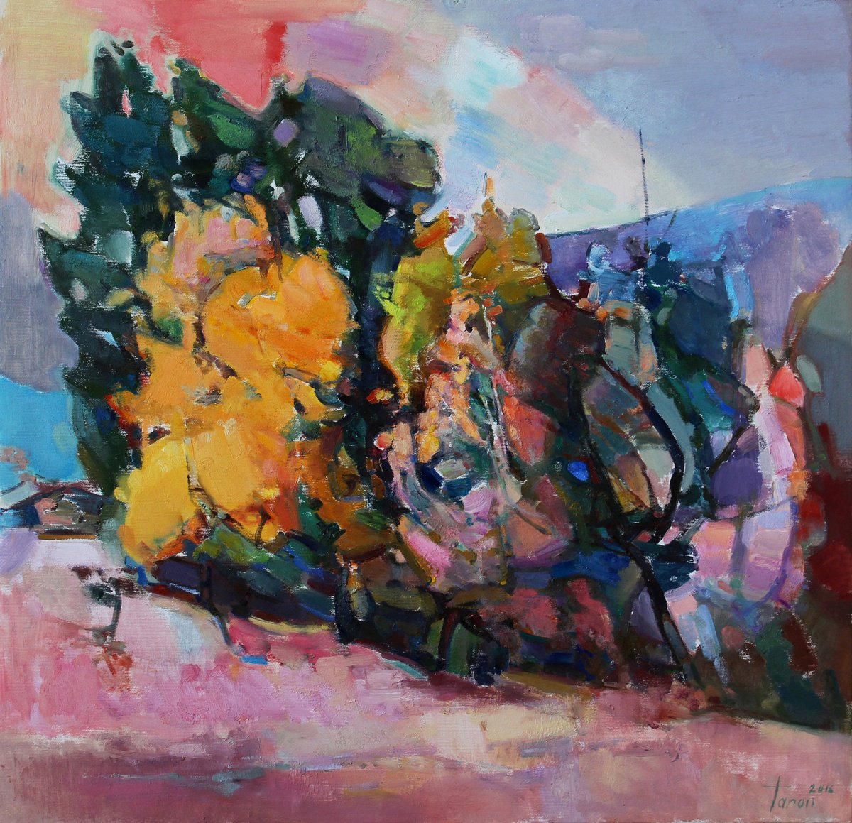 Abstract Landscape Oil Painting By Taron Khachatryan, 24 X 24", Autmn, Original Artwork