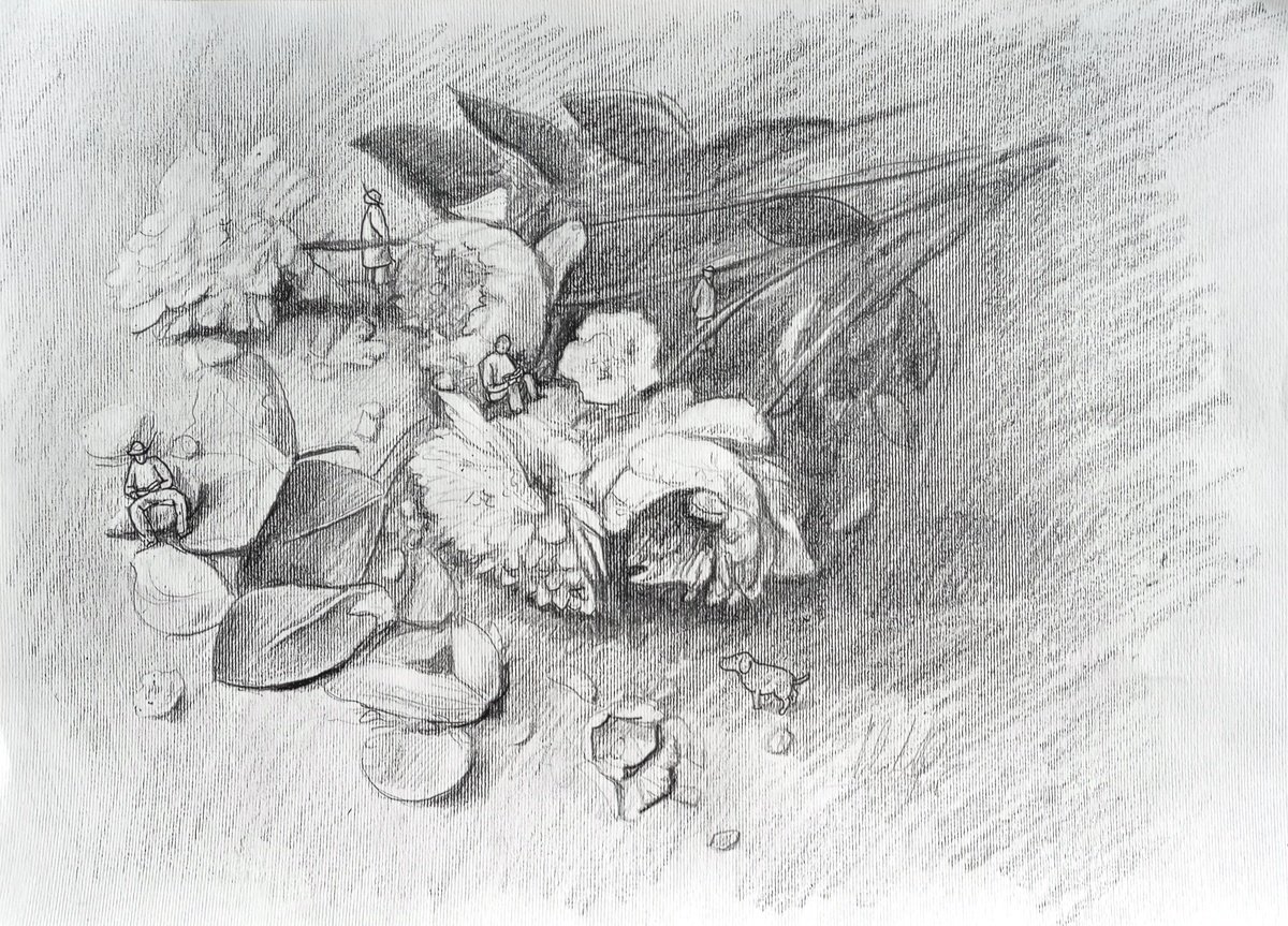 Surrealistic Pencil Drawing , Giant Flowers And Readers By Paolo Beneforti, 13 X 9, Artwork For Sale On Artfinder