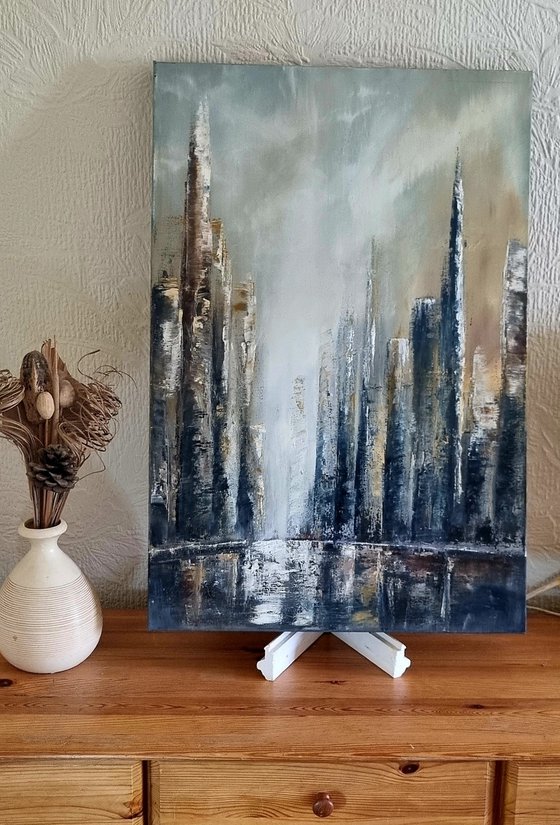 Big City 30"x20"×2" Large Cityscape Oil Painting