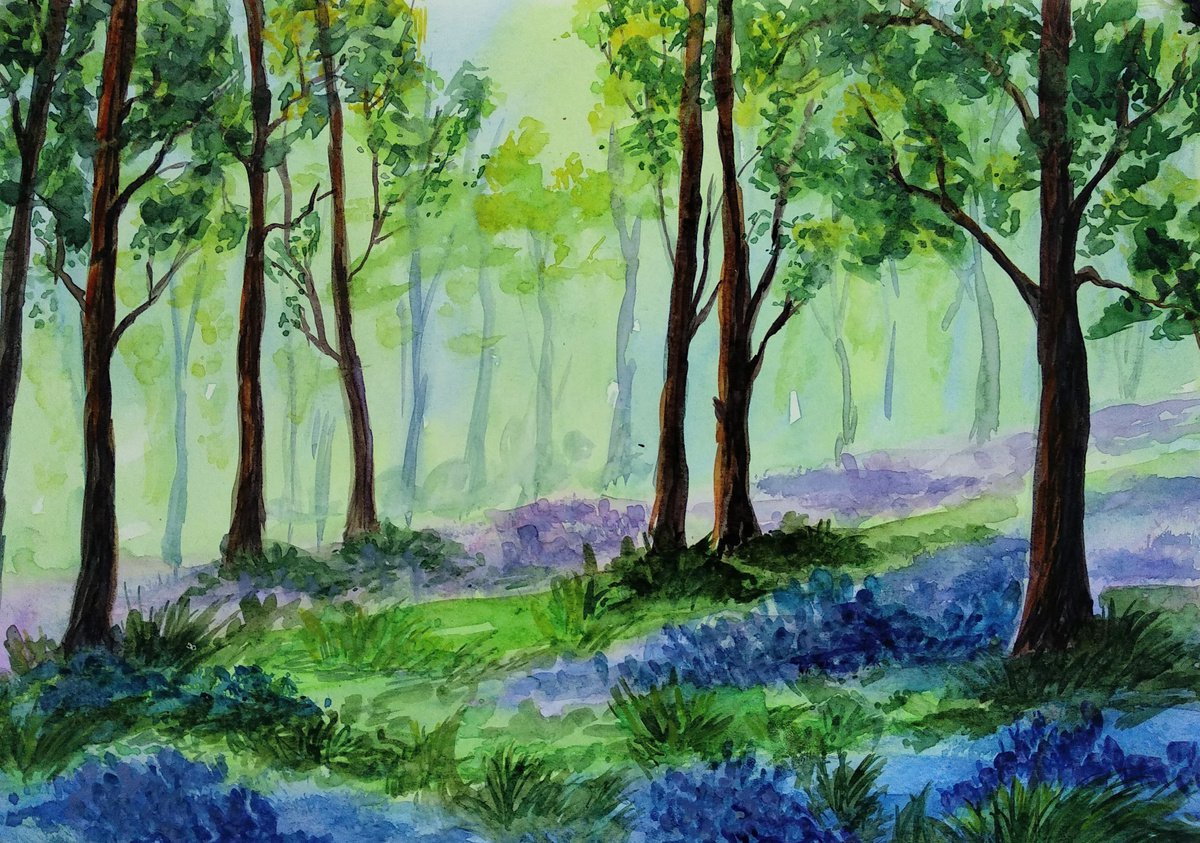 Spring in the air Blooming Forest Watercolour Landscape by Anastasia Art Line