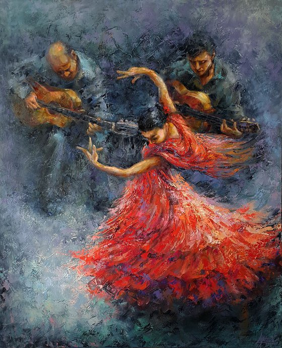 Dance of passion FLAMENCO - oil painting, large painting for the living room, original artwork, palette knife, 90x110cm