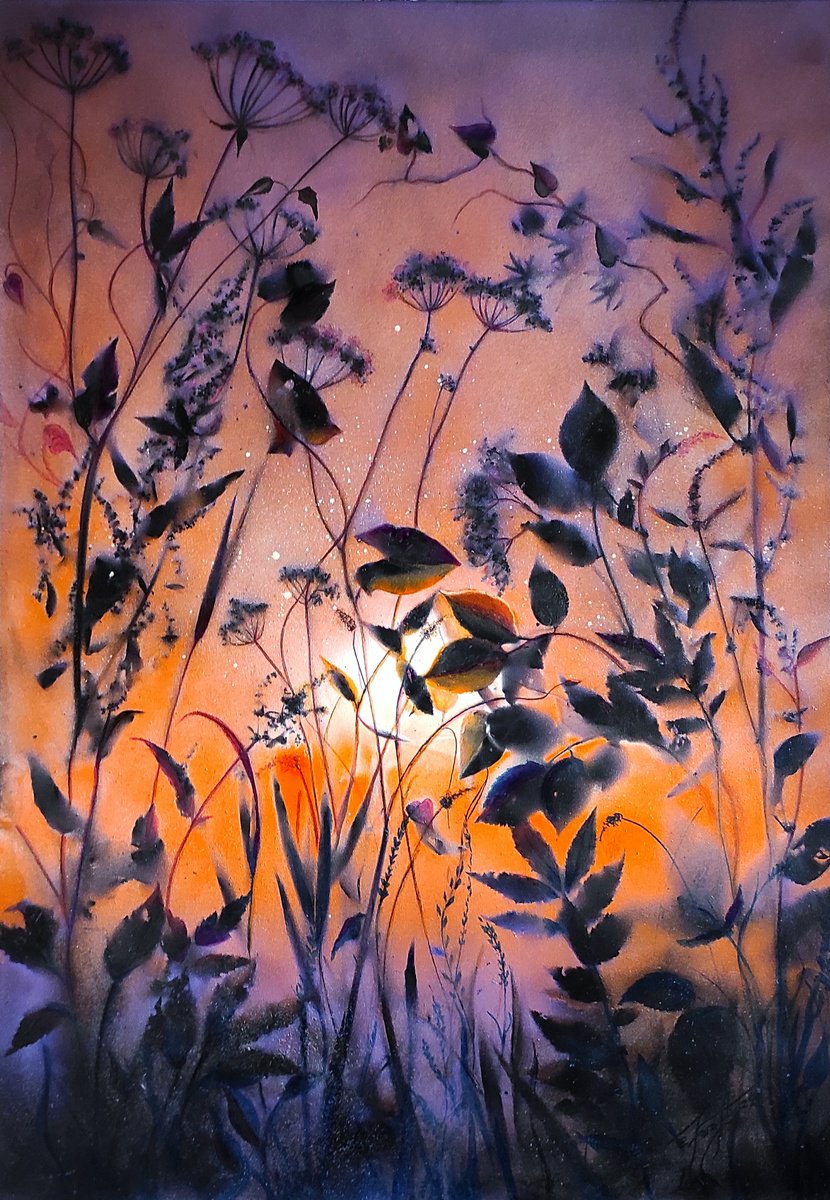 Expressive Botanical Painting By Elena Kraft, 28 X 39, Foggy Sunset I, Original Artwork