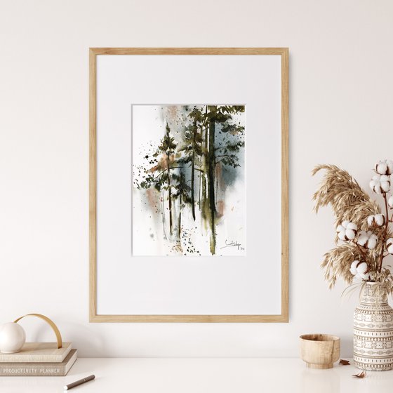 Pine Trees Landscape Watercolor Painting