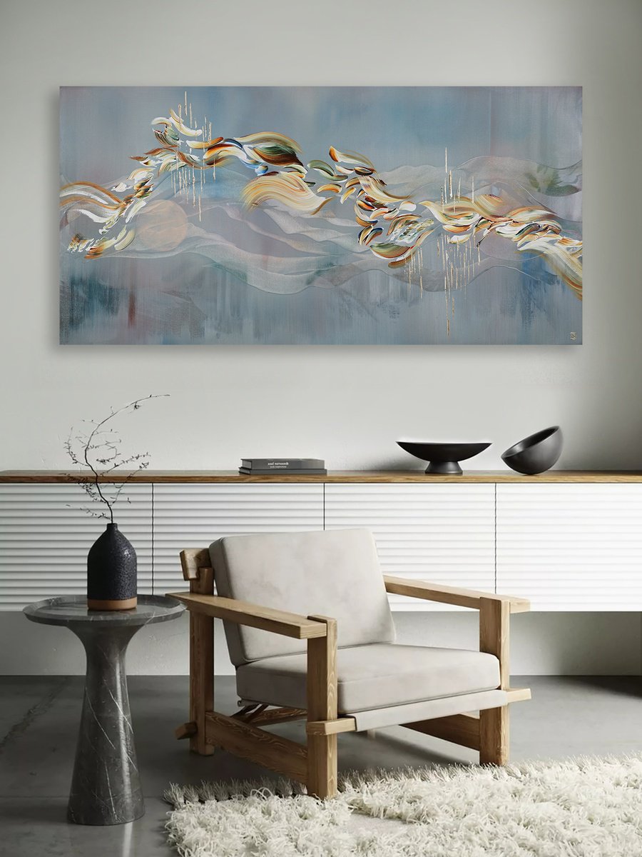 Abstract Acrylic Painting By Novi Lim, 60 X 30", Swim Into The Velvet Air, Original Artwork