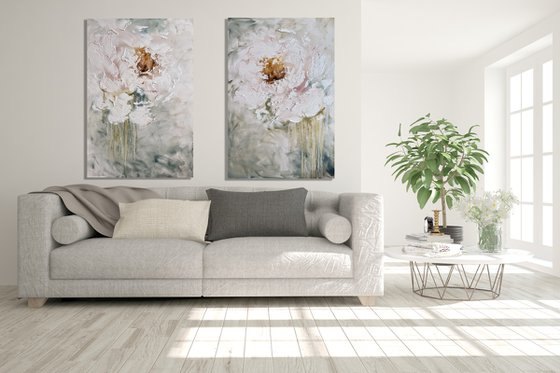 80х120cm - texture flowers art, light abstract peony. Tender than tenderness.