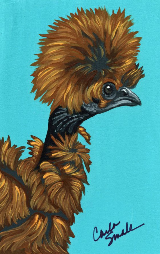 Original Miniature Painting Brown Showgirl Silkie Chicken Pet Bird Art-Carla Smale