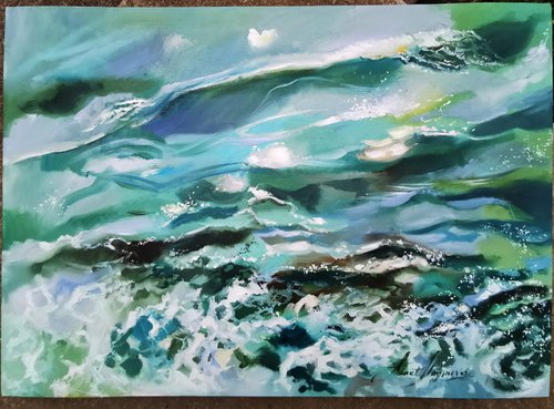 Ocean painting on canvas. Waves art by Annet Loginova