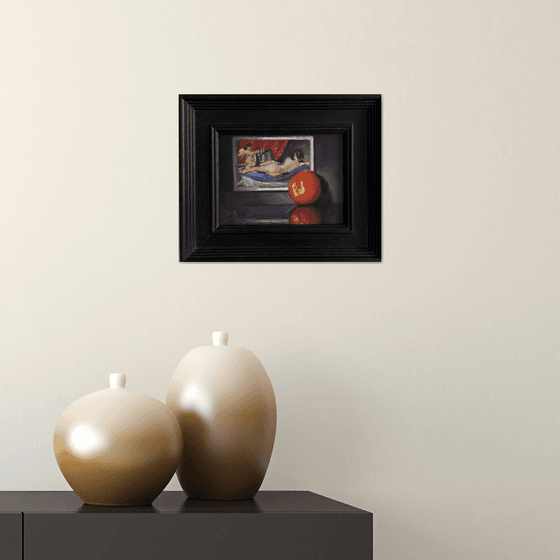 Velázquez & Nectarine Still Life original oil realism painting, with wooden frame.