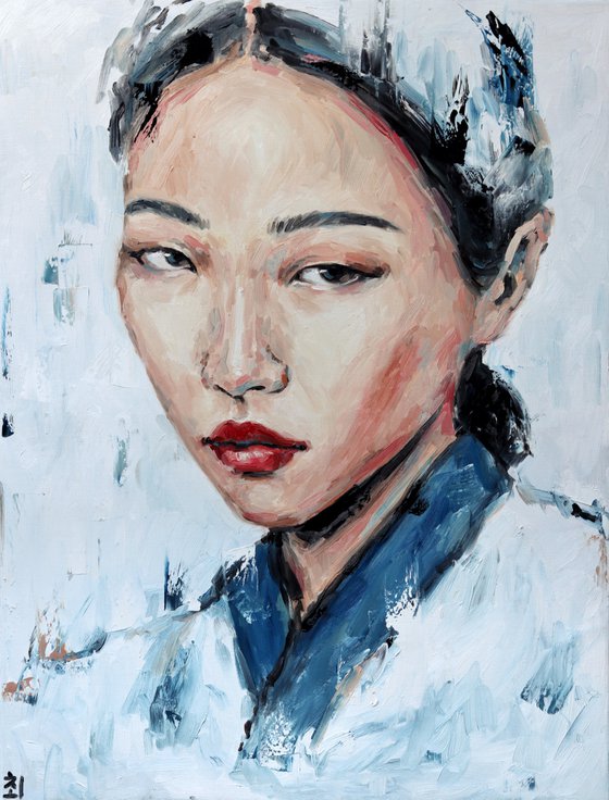 Korean woman in blue hanbok