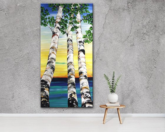 Looking Up - Tall Aspen Tree Painting, Large Impasto Trees Painting