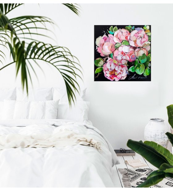 Blooming flowers on canvas, Peonies art