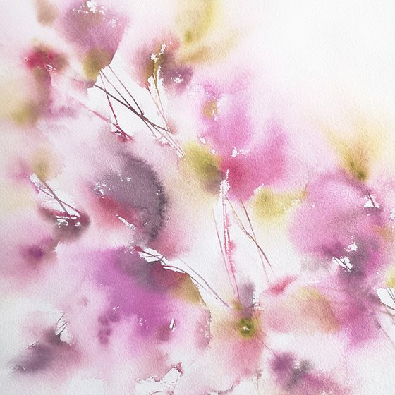 Soft pink bouquet, watercolor flowers, abstract floral painting "Tendresse"
