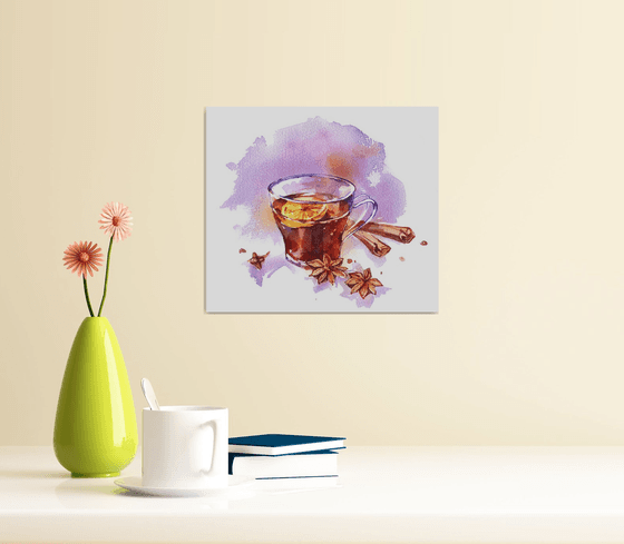 Still life "Cup of mulled wine with spices" original watercolor painting postcard