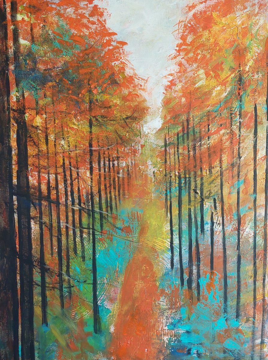 Impressionistic Landscape Acrylic Painting By Els Driesen, 24 X 31, Autumn, Original Artwork