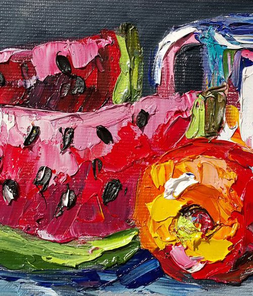 "Summer time" - Still life, oil painting, still life on canvas, painting by palette knife by Anastasia Kozorez