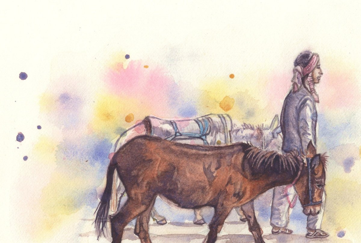 Shweta Mahajan | Original Watercolour | Farmer And The Donkeys | 20 X 18Cm | Artwork For Sale On Artfinder