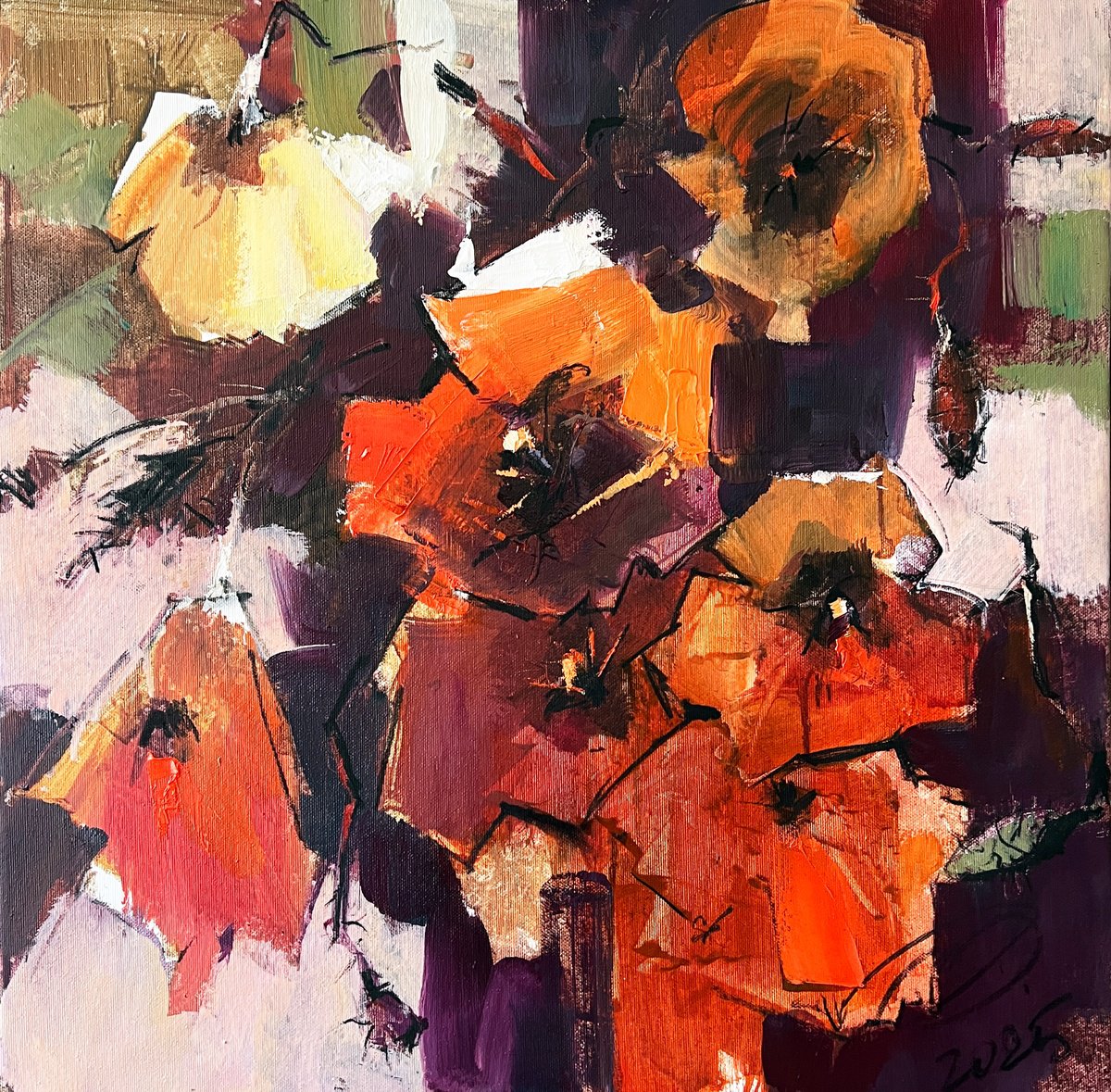 Expressive Botanical Oil Painting By Igor Yuryev, 20 X 20, Poppies, Original Artwork