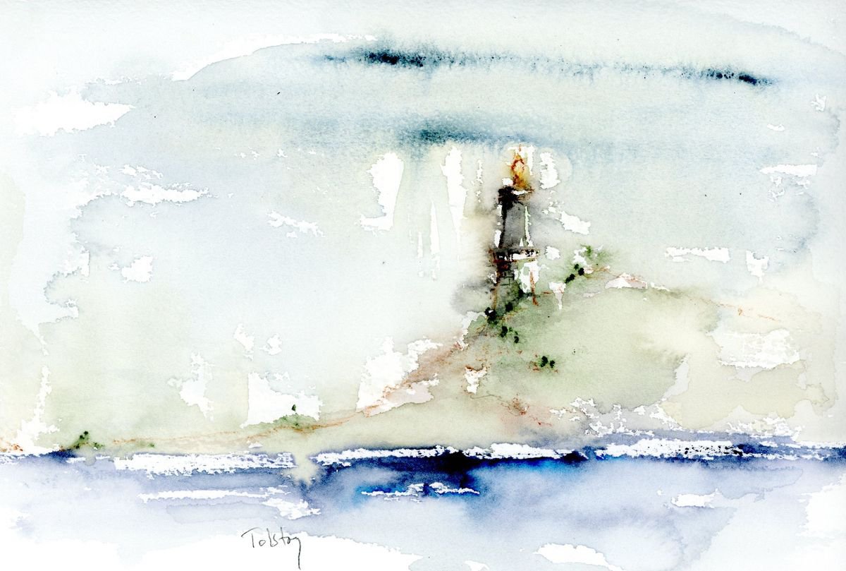 Impressionistic Landscape Watercolour By Alex Tolstoy, 12 X 8, Lighthouse On The Sea, Original Artwork