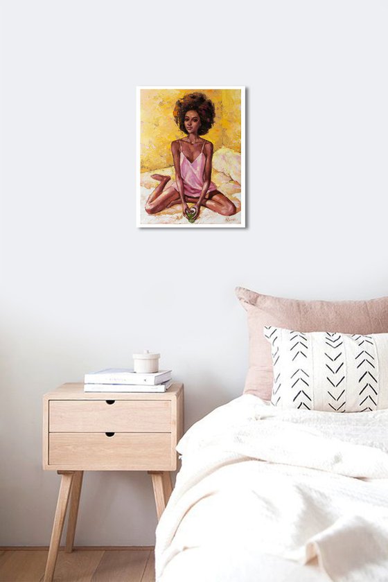 BLACK COFFEE - Intimate Morning Scene: Hand-painted Beautiful Black Girl Enjoying Morning Coffee in Her Bedroom in Soft Morning Light
