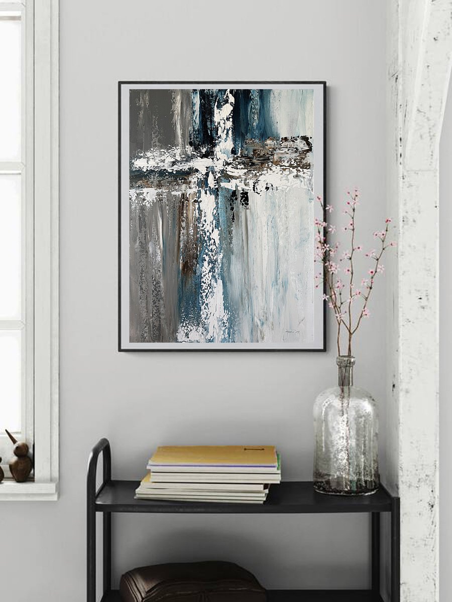 Expressive Abstract Acrylic Painting By Tatiana Malinovscaia, 21 X 30", Depth Of Blue And Earth, Original Artwork