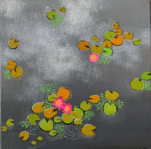 Grey water lilies III ! Small Painting!!  Ready to hang by Amita Dand