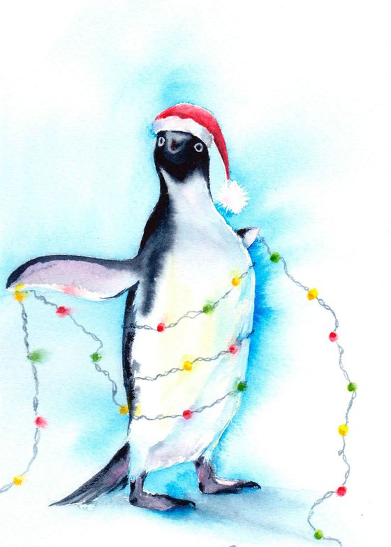 Penguin painting, Original Watercolour, Fun Wall Art, Christmas painting, penguin watercolor