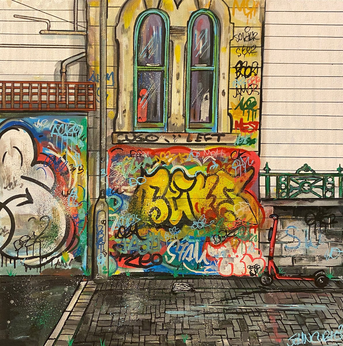 Illustrative Cityscapes Painting By John Curtis, 12 X 12, Tagged Up Wall, Original Artwork
