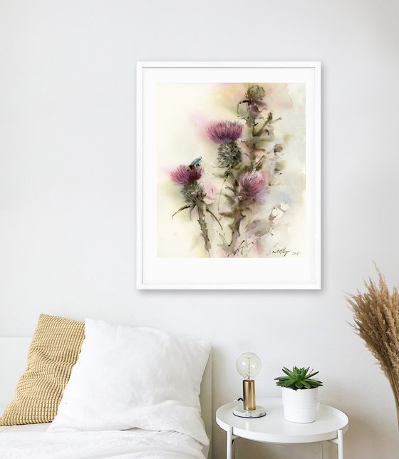 Thistle - Pink Flowers Painting, Scotland National Flower