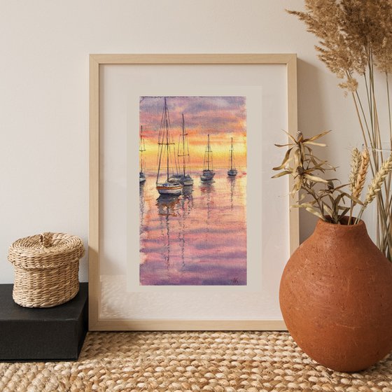 Resting Sailboats at Sunset