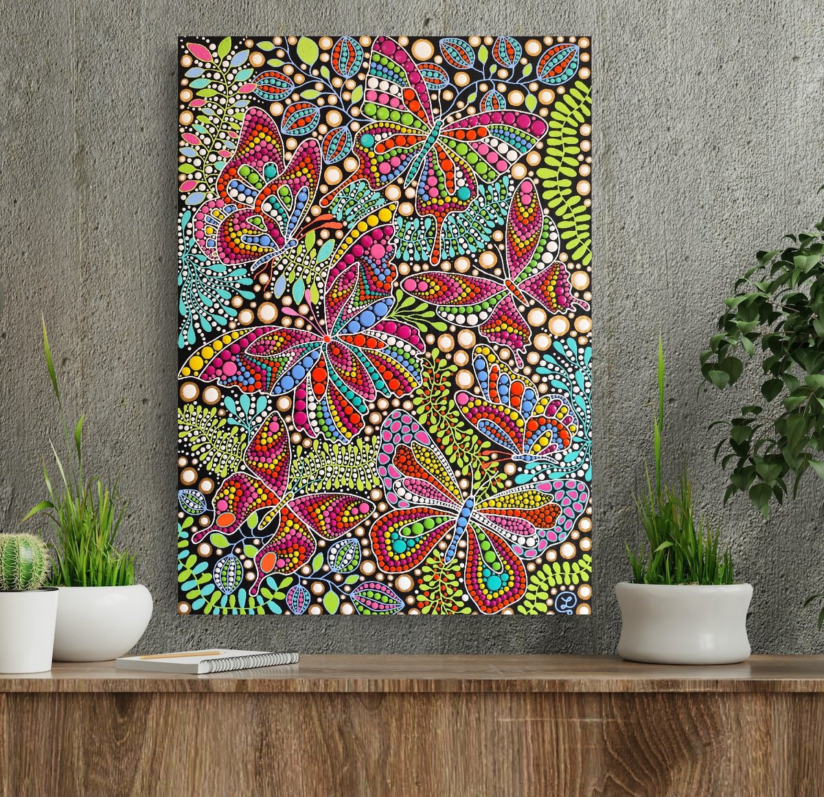 Expressive Animal Acrylic Painting By Oxana Lazari, 20 X 28", Butterflies, Original Artwork