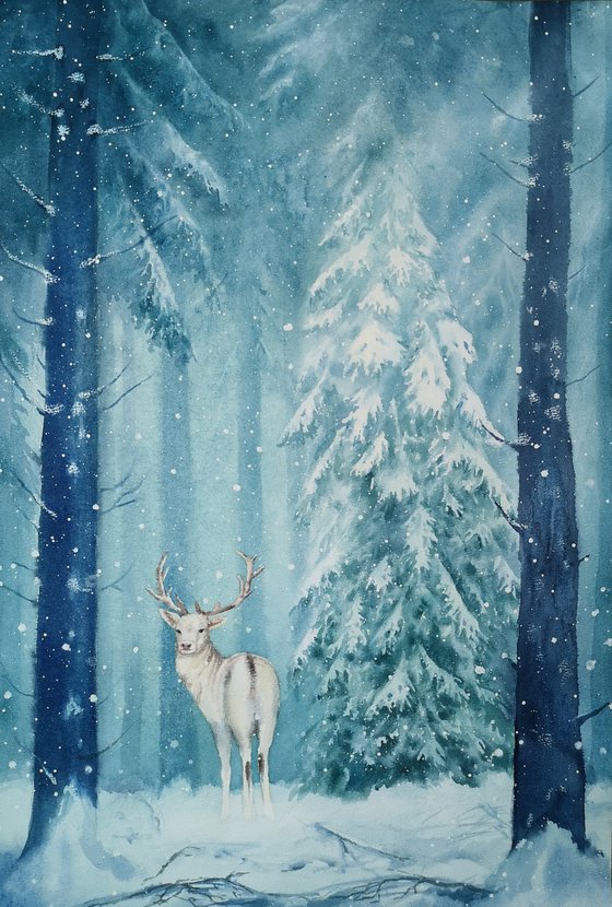 Spirit of the Forest - The White Stag in snowy forest - White Deer - white hart - Christmas gift