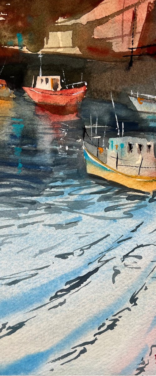 Boats in the port. Watercolor artwork. by Evgeniya Mokeeva