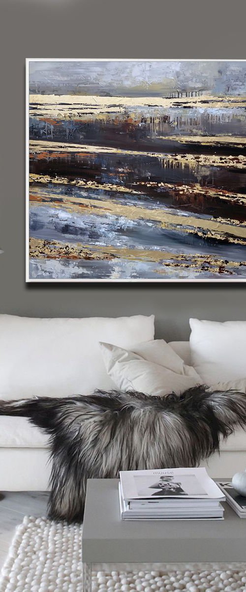 Grey Brown Gold Abstract Painting 36" Large Canvas, Gold Leaf, Minimalist Painting, Blue Green Aqua Abstract Painting by Lana Guise by Lana Guise