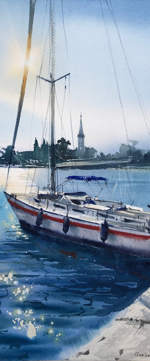 Yacht at anchor at sunset #2 by Eugenia Gorbacheva
