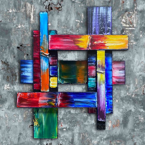 "Tic Tac Toe" - Original PMS Mixed Media Assemblage Sculptural Painting on Wood, - 21 x 25 inches