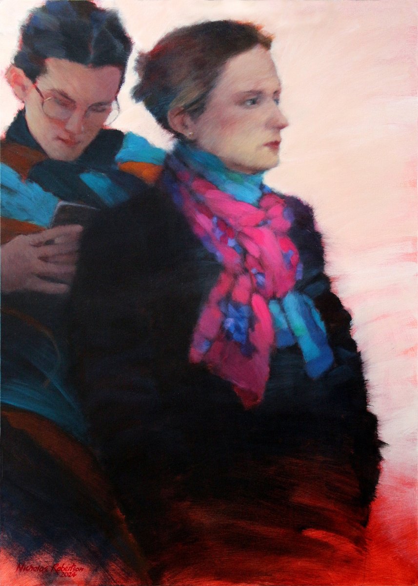 Portrait Acrylic Painting By Nicholas Robertson, 20 X 28", The Queue, Original Artwork