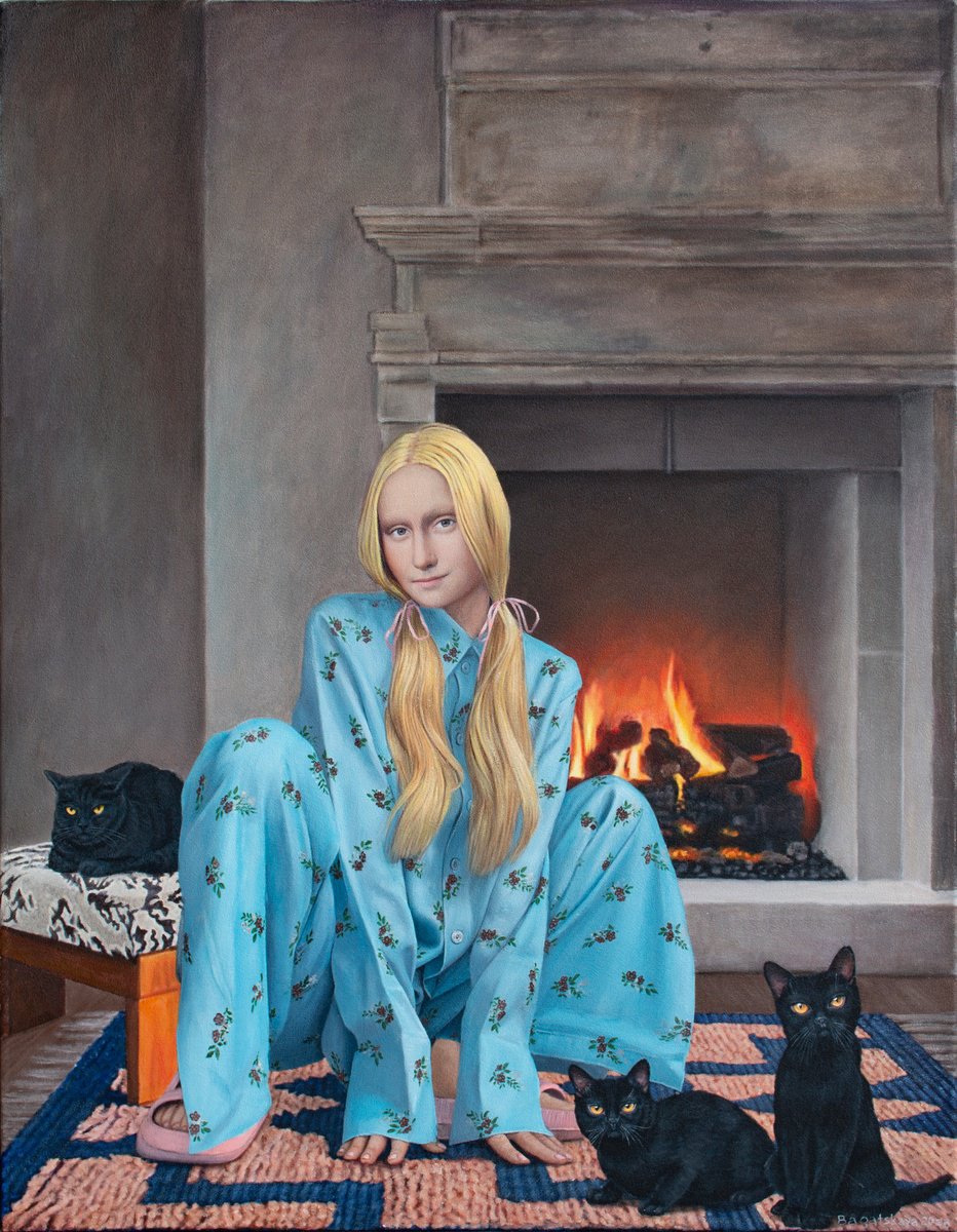 Photorealistic Portrait Acrylic Painting By Nataliya Bagatskaya, 28 X 35", Contemporary Portrait "By The Fireplace", Artfinder