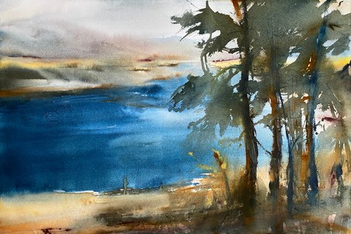 Pines by Aparan reservoir - original watercolor by Anna Boginskaia