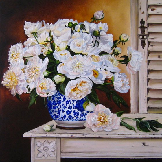 White Peonies in Blue Vase