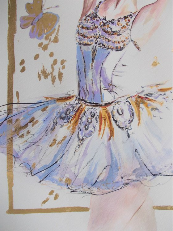 Butterfly-Ballerina painting-Ballet painting-ballerina watercolor, mixed media painting on paper