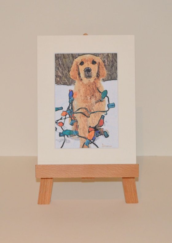 Dog With Lights Original Painting Framed In Oak 8" x 6"