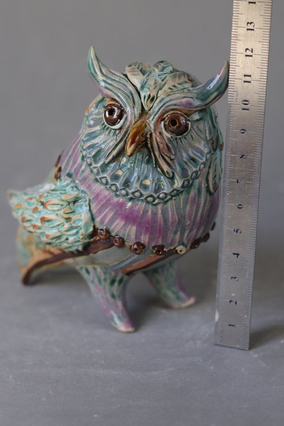 Tender Owl in Blue. Ceramic OOAK sculpture.