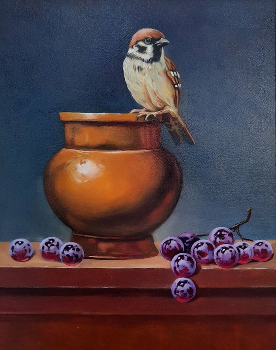 Still life with sparrow and grapes(24x30cm, oil painting, ready to hang)