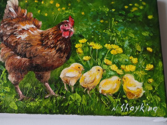 Mother Hen and Baby Chicks, Animal Artwork, Barnyard, Farm Life